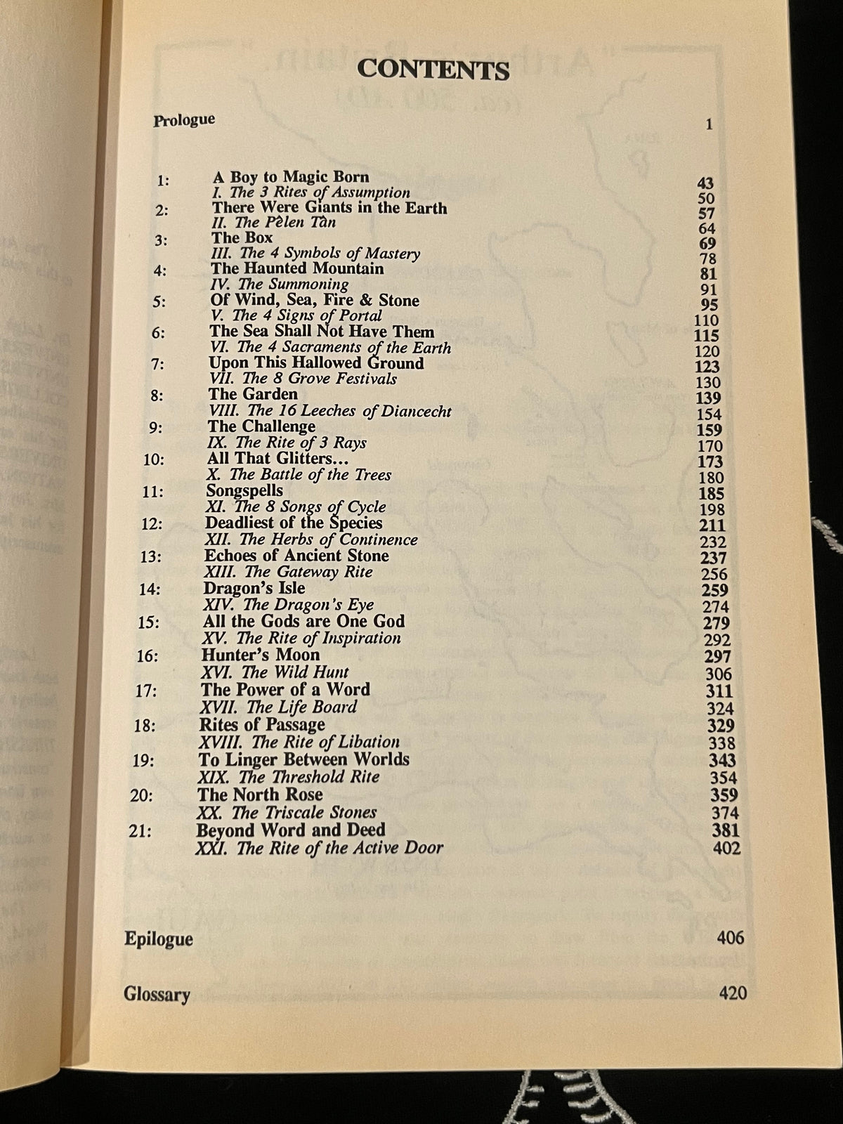 A printed table of contents page from a book, showing the title 'CONTENTS' and a list of chapters, epilogue, and glossary with page numbers on an off-white page.
