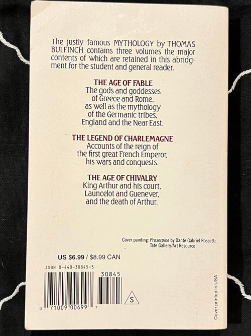 The back cover of a book titled 'Mythology' by Thomas Bulfinch, displayed flat on a black background with white line art illustrations.