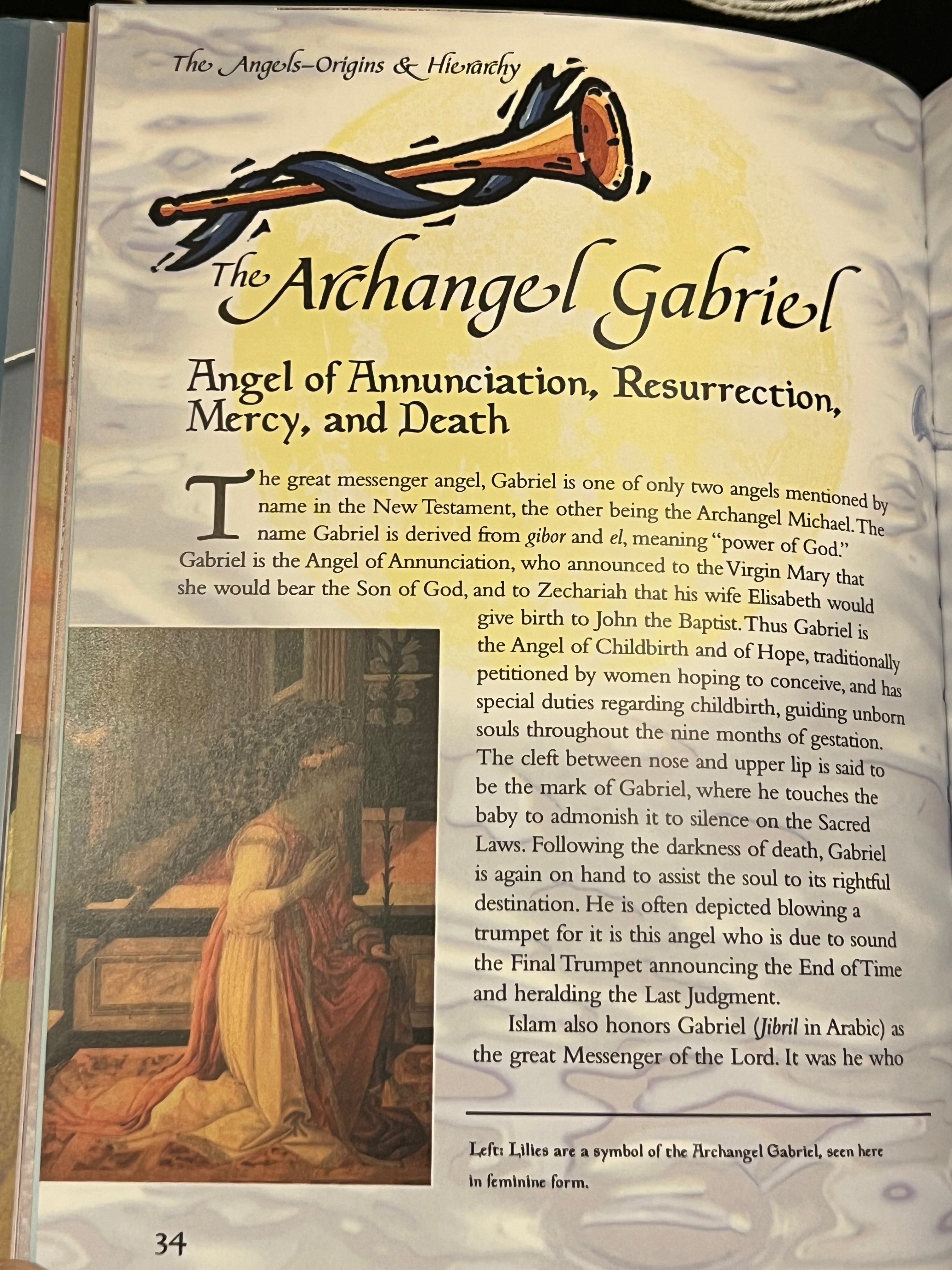 A printed book or booklet page titled 'The Archangel Gabriel' with a large illustration of an angelic trumpet with artistic image of angel on bottom left. 