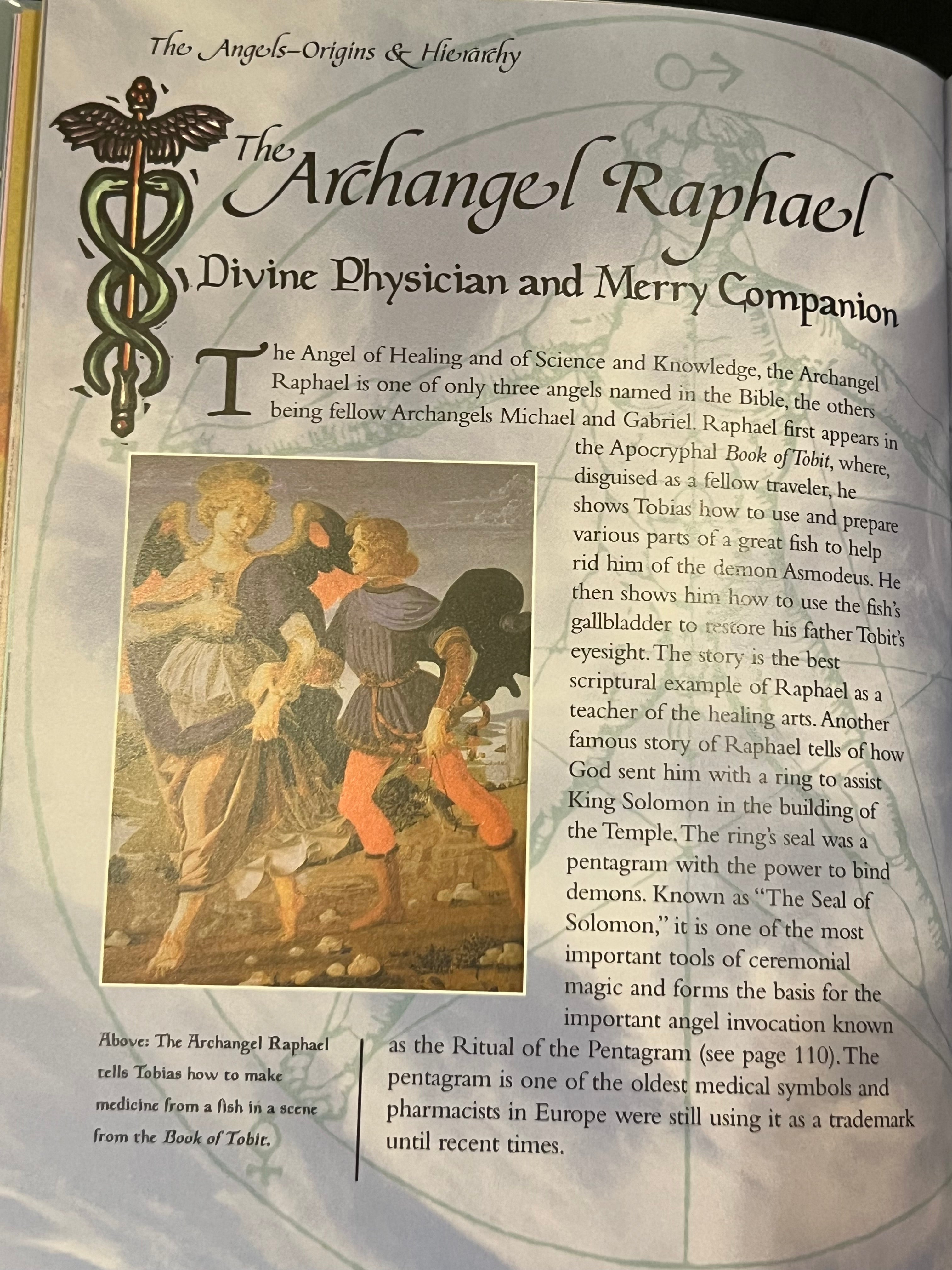 An open book page featuring an article titled 'The Archangel Raphael: Divine Physician and Merry Companion' with decorative typography, a small illustration of Raphael in a red robe, and a block of text below.