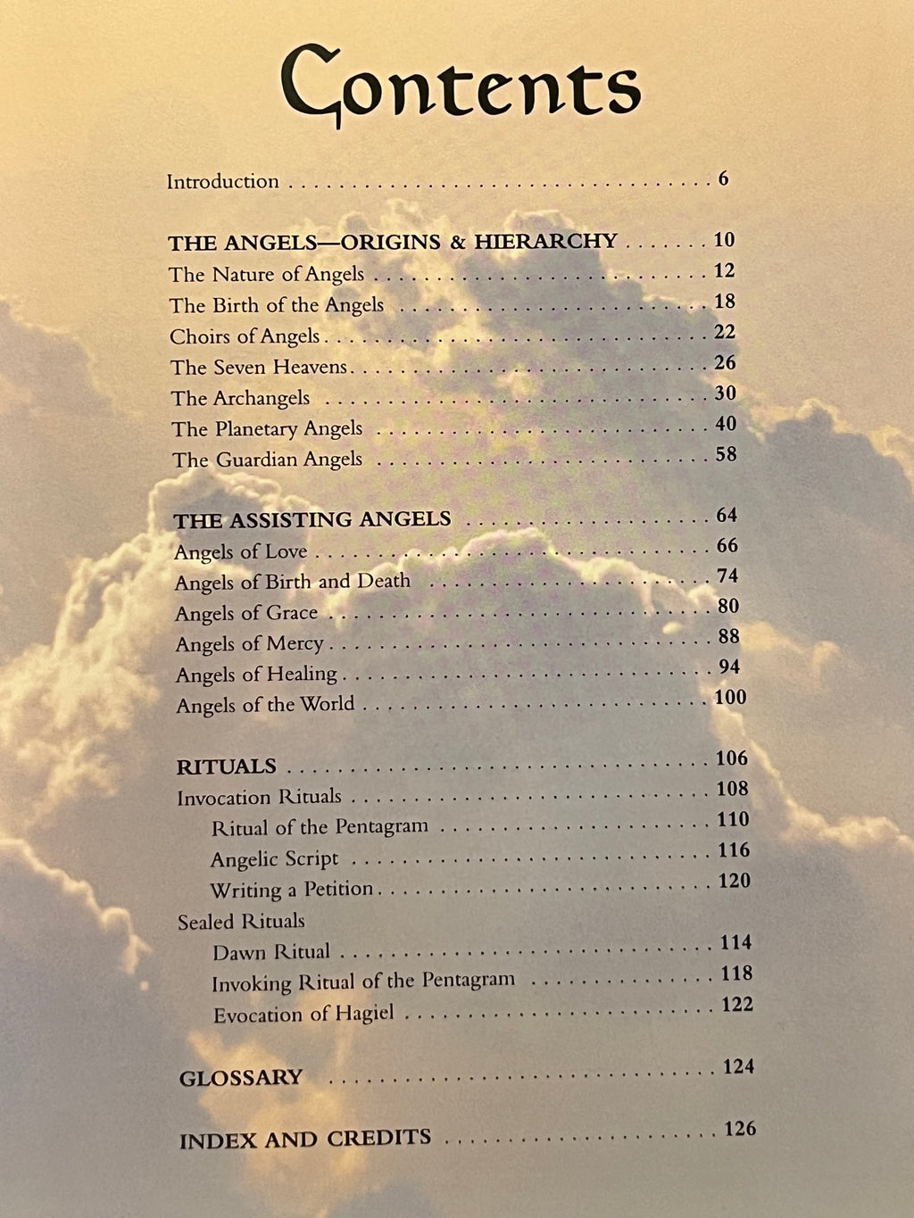 Table of contents page from a book or booklet titled 'Contents' with cloud imagery in the background, showing chapter and section headings with page numbers.