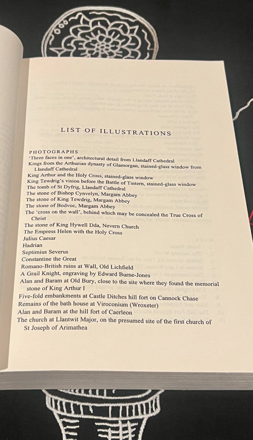 A printed page titled 'LIST OF ILLUSTRATIONS' with a list of photographs and texts, photographed on a dark surface with part of a book or notebook visible around it.