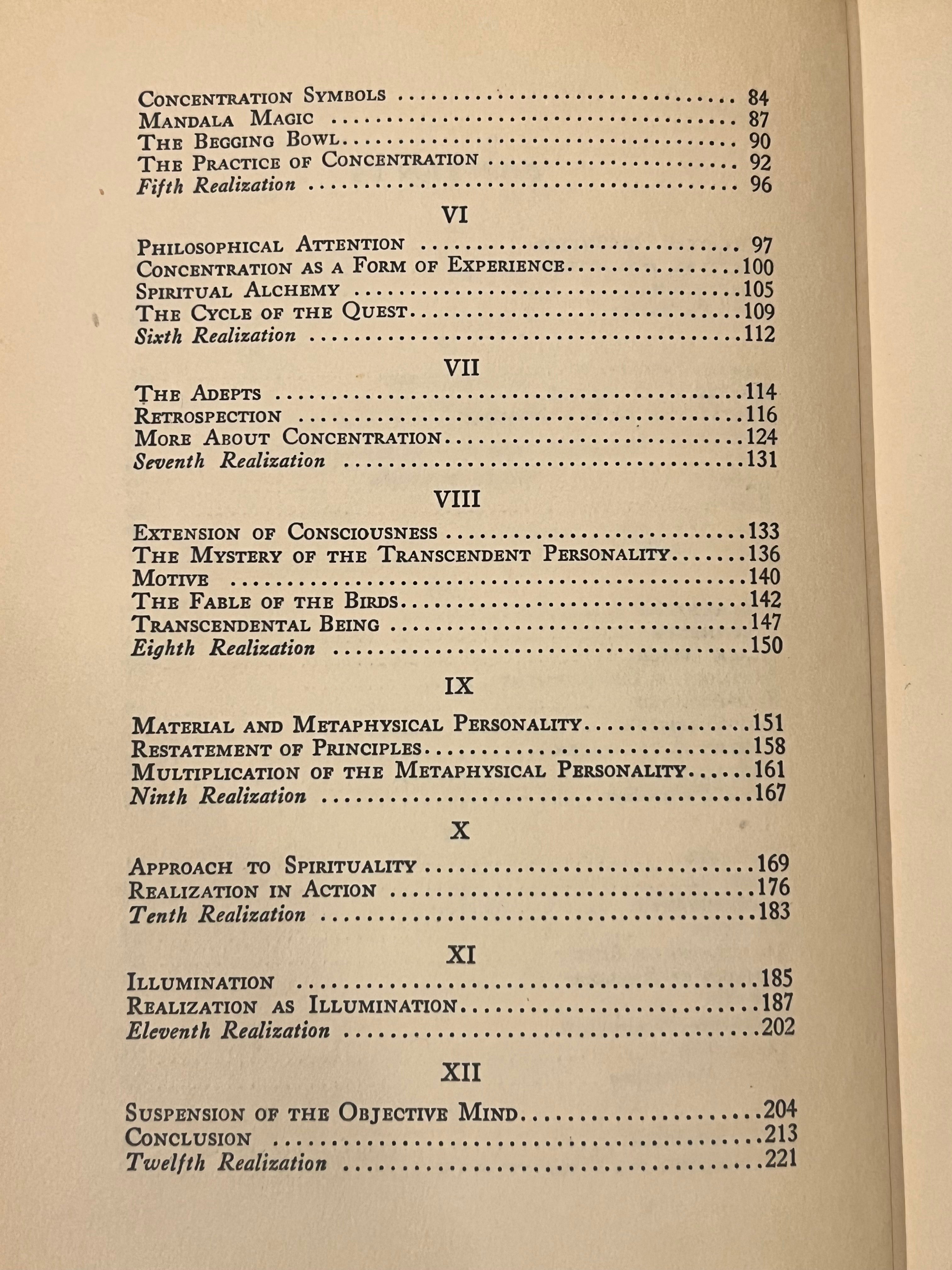A photographed printed page showing the table of contents of a book or booklet, with Roman numerals and dotted page-number references on an aged beige paper background.