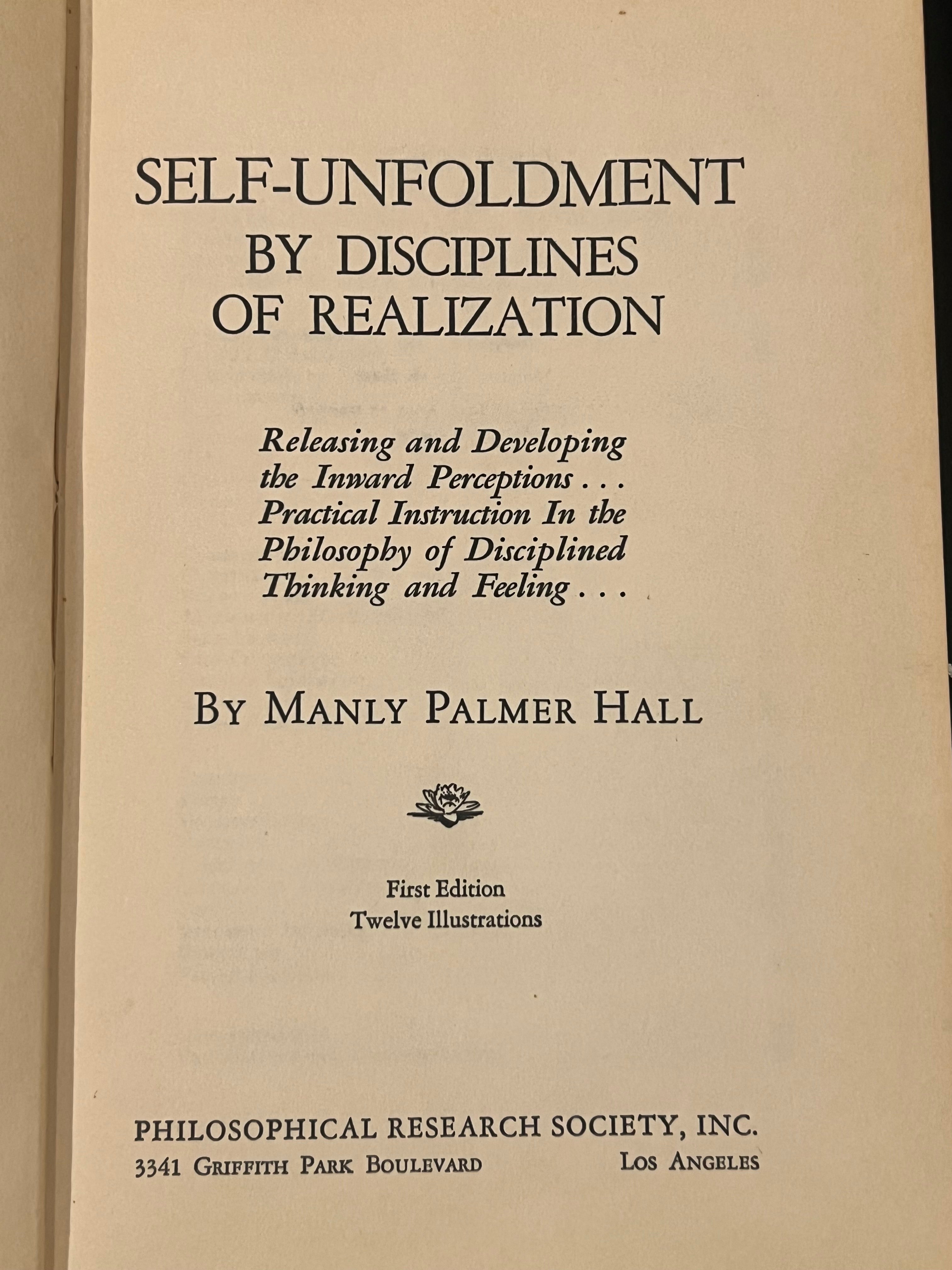 The front cover of the book 'Self-Unfoldment by Disciplines of Realization' by Manly Palmer Hall, published by Philosophical Research Society, Inc. The cover is a warm beige paper with black printed text and a small floral emblem.