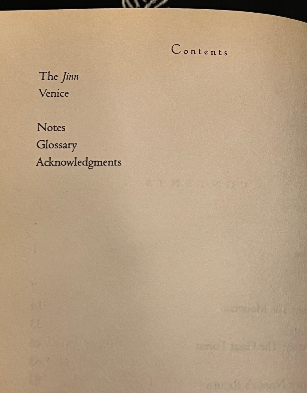 A close-up of a book's printed contents page with black serif text on warm off-white paper, including the title 'The Jinn Venice' and sections 'Notes', 'Glossary', and 'Acknowledgments'.