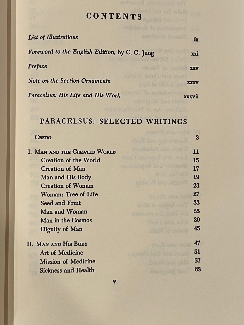 A photographed book page showing the table of contents for 'Paracelsus: Selected Writings' with chapter and page numbers listed on aged cream paper.