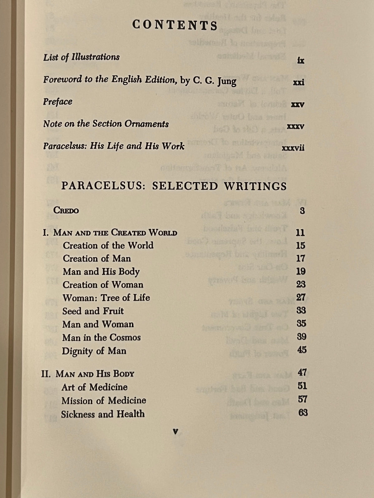 A photographed book page showing the table of contents for 'Paracelsus: Selected Writings' with chapter and page numbers listed on aged cream paper.