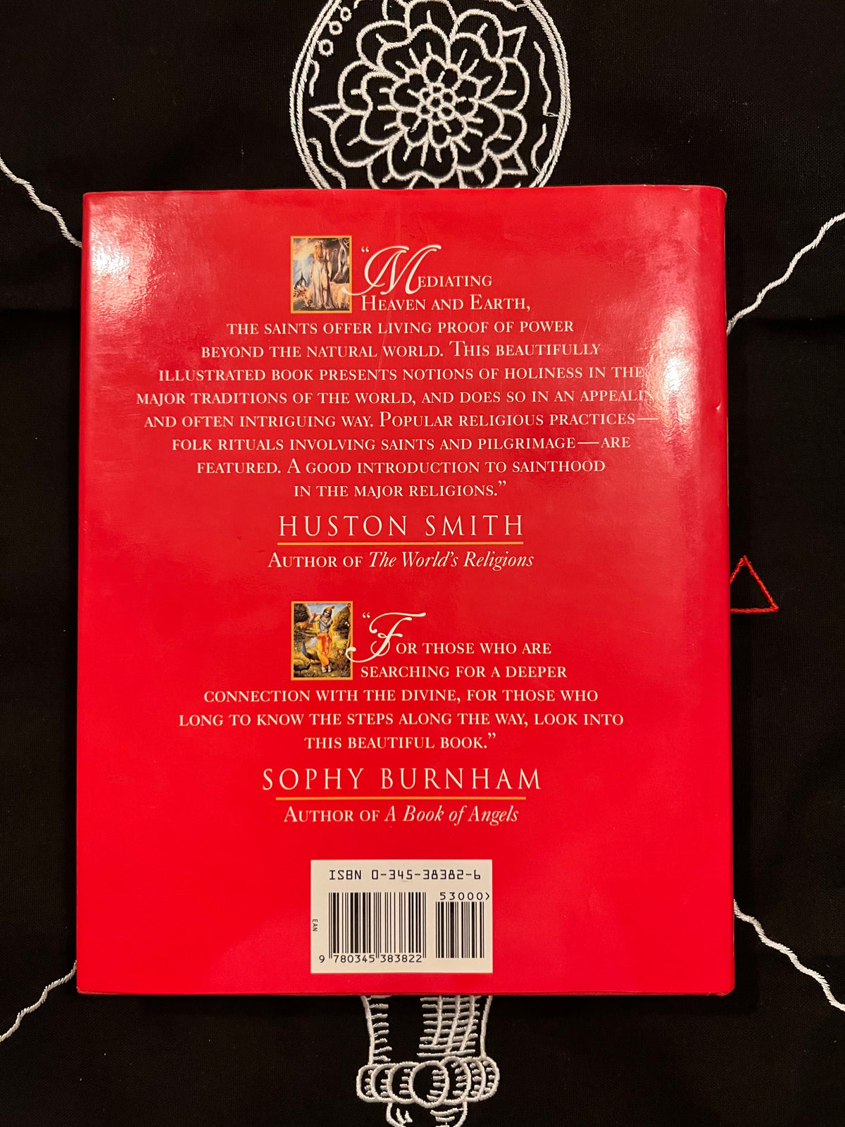 The back cover of a red book with quotes by Huston Smith and Sophy Burnham, displayed flat against a black background decorated with white line art.