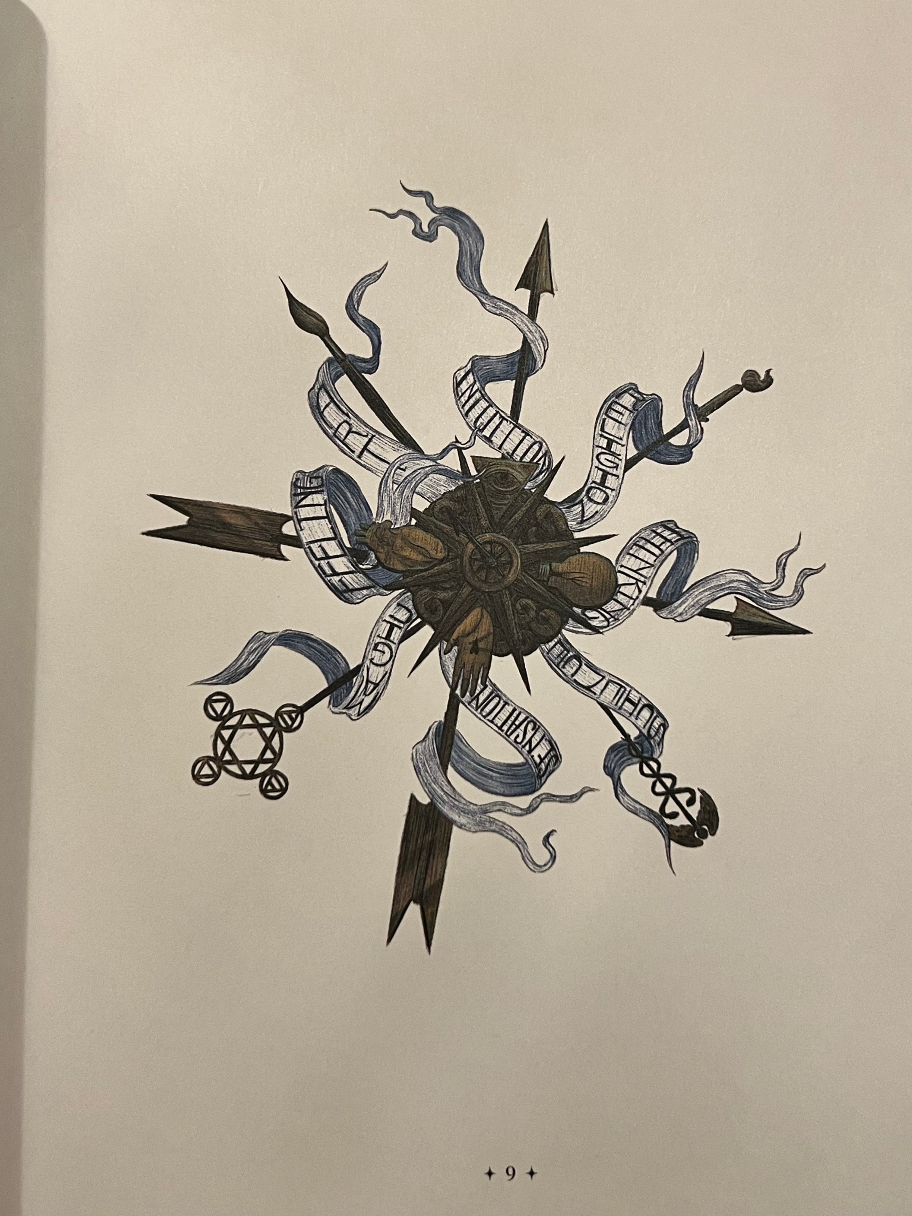 A black ink illustration of a compass rose design with banners and arrows, printed on a cream-colored page.