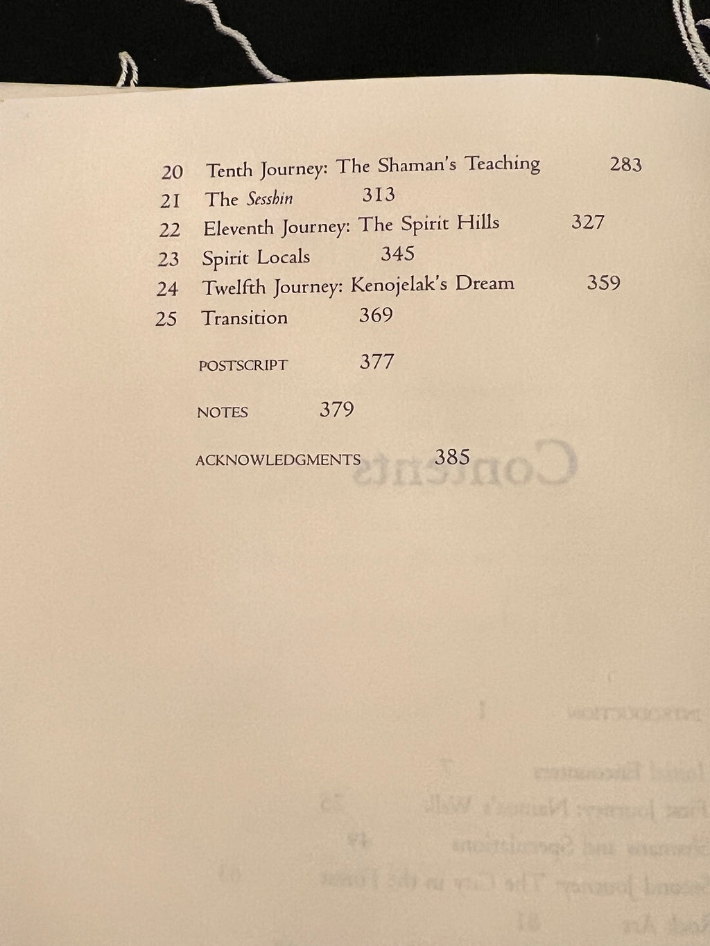 A photographed interior page of a book showing a table of contents with chapter titles, page numbers, and a postscript section on an off-white paper background.