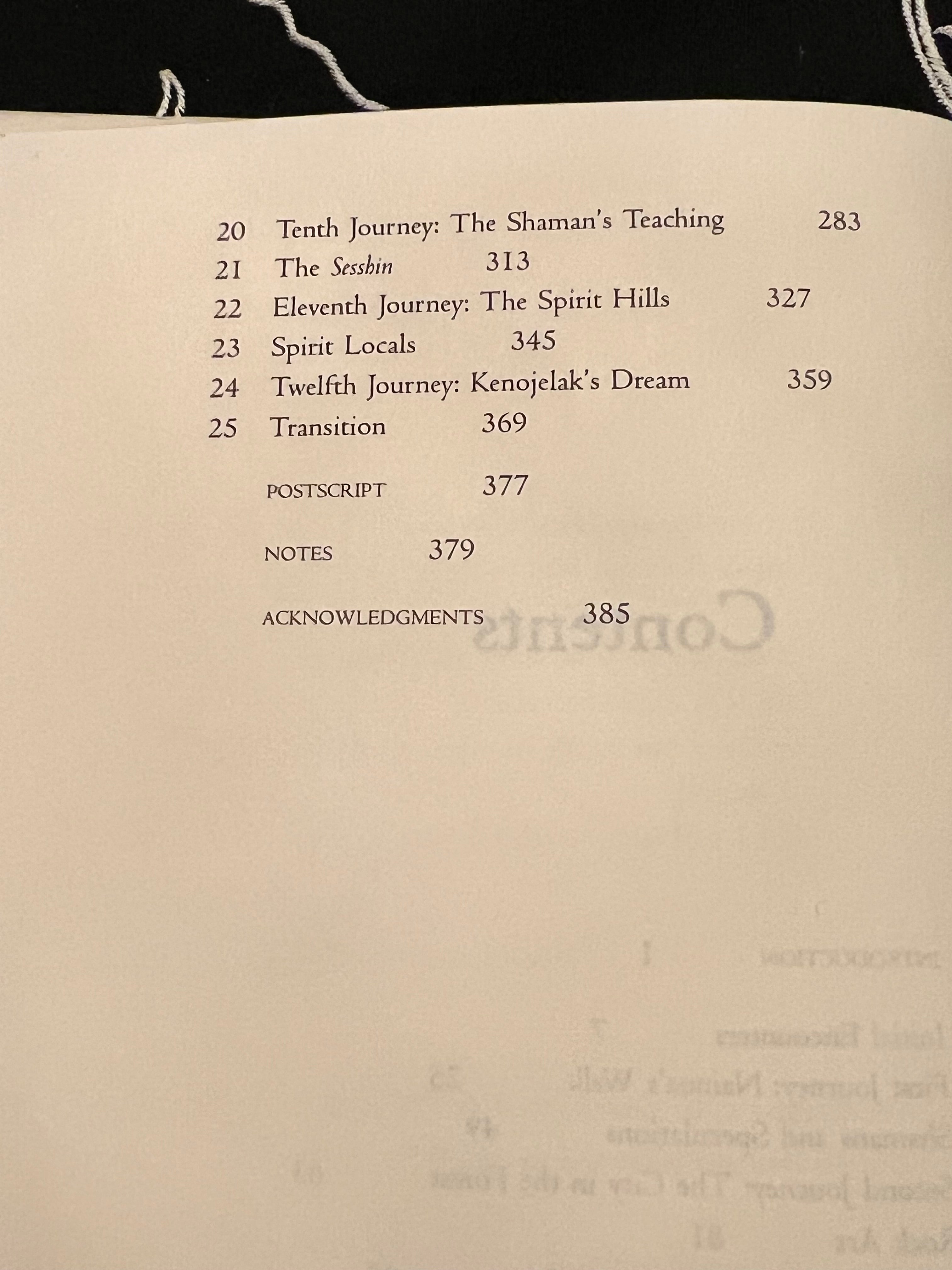 A photographed interior page of a book showing a table of contents with chapter titles, page numbers, and a postscript section on an off-white paper background.