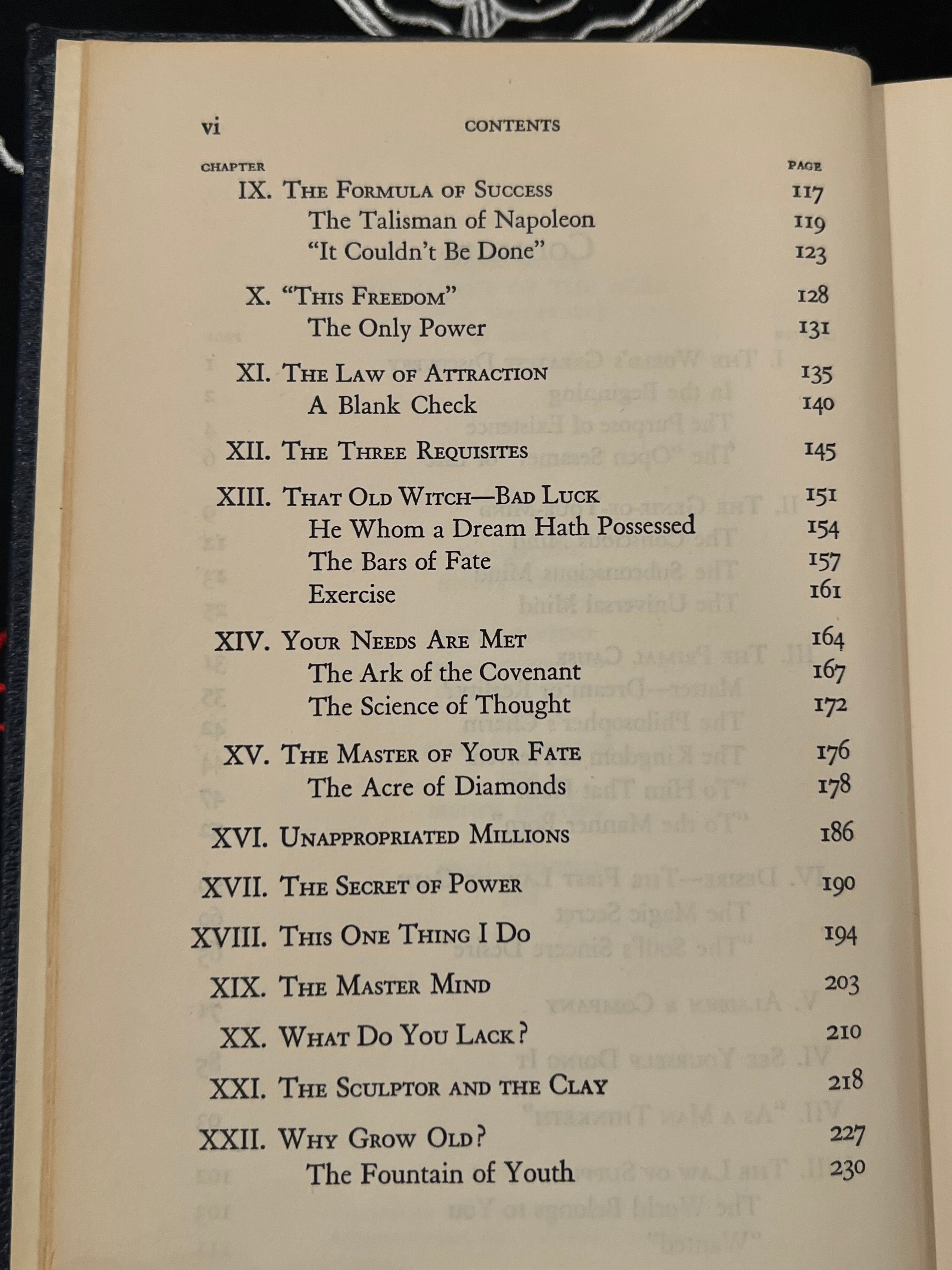 An open book showing the printed contents page for Chapter VI, with chapter titles, page numbers, and a blank page underneath on aged cream paper.