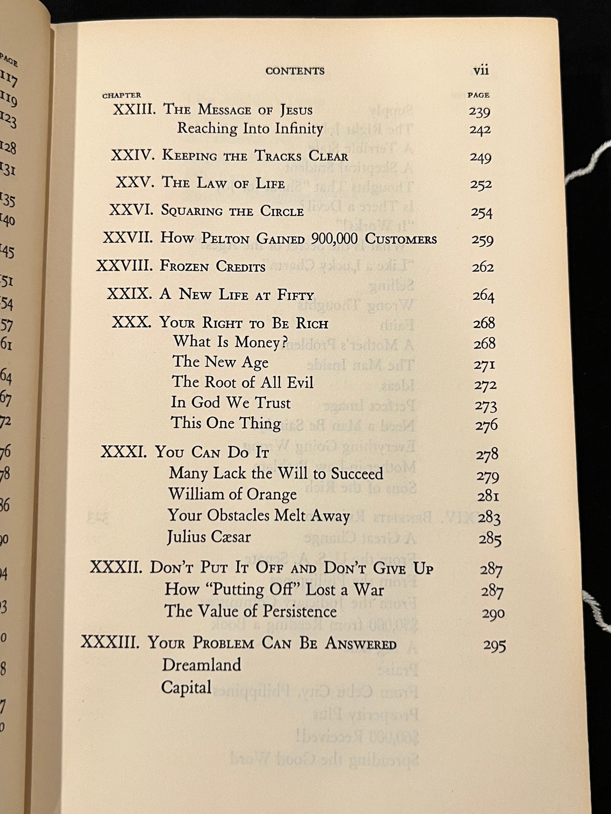 A printed book page showing the contents table from 'The Power of Love' by Julius Ceasar, with black text on aged cream paper.
