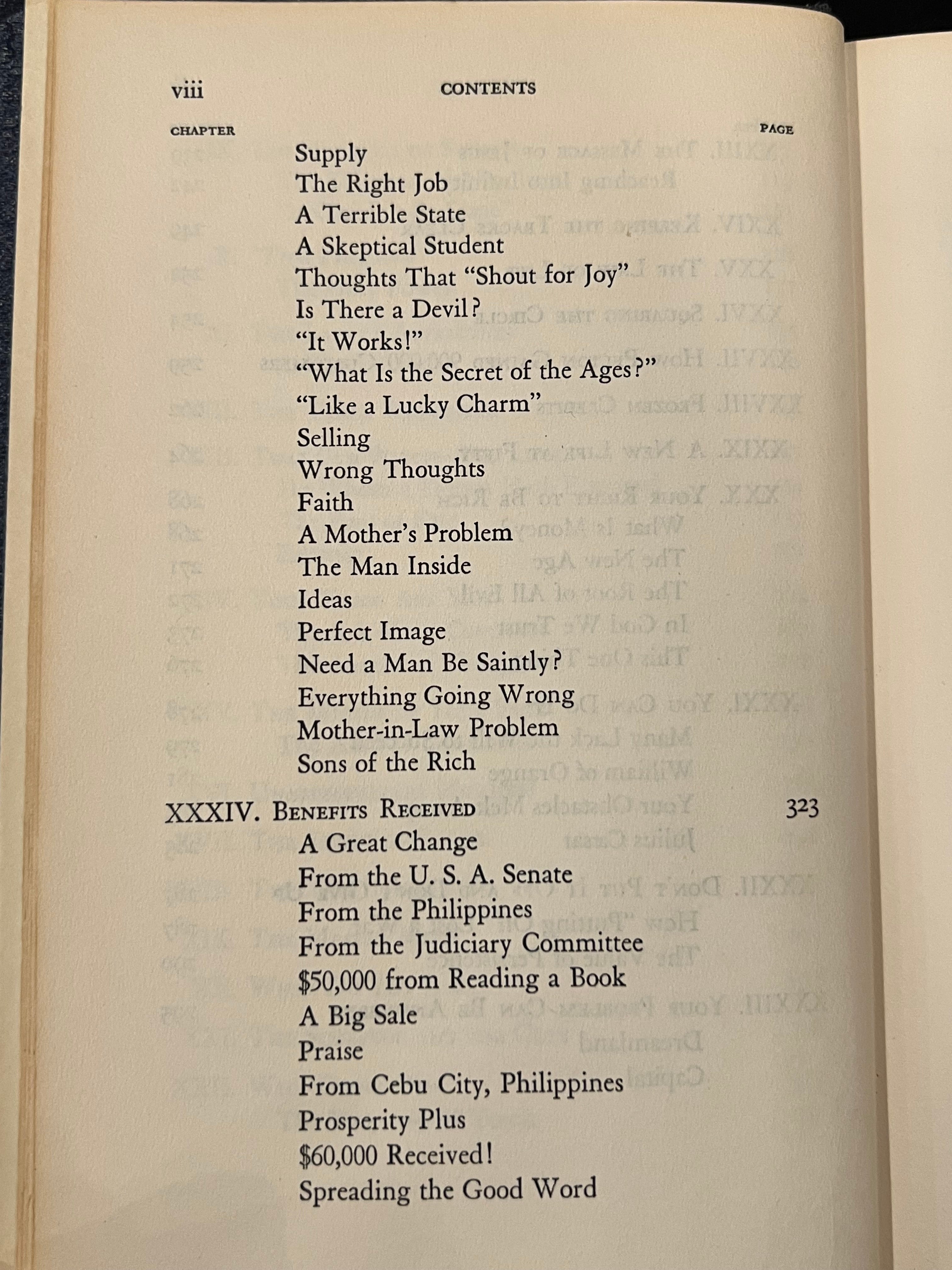 An open book showing a printed table of contents page with chapter and section titles, including 'Supply', 'The Right Job', 'A Skeptical Student', and 'Benefits Received'.