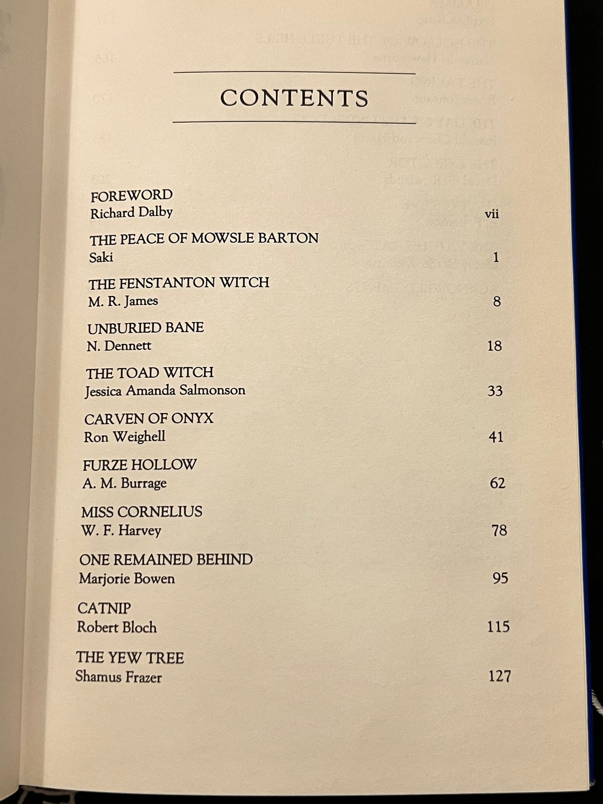 A printed book table of contents page showing the title 'CONTENTS' and listed chapter and author names with page numbers on an off-white page.