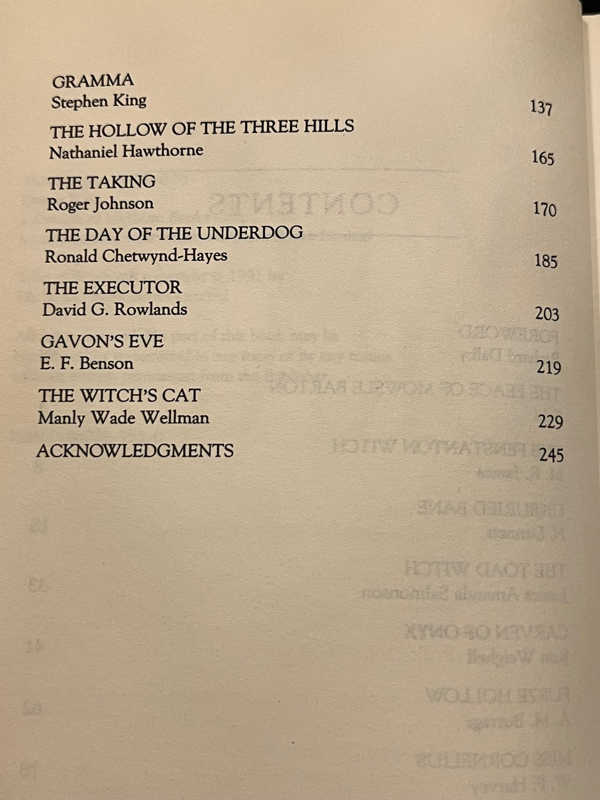 A photographed book page showing a table of contents with titles, authors, page numbers, and a acknowledgments section on an off-white page.