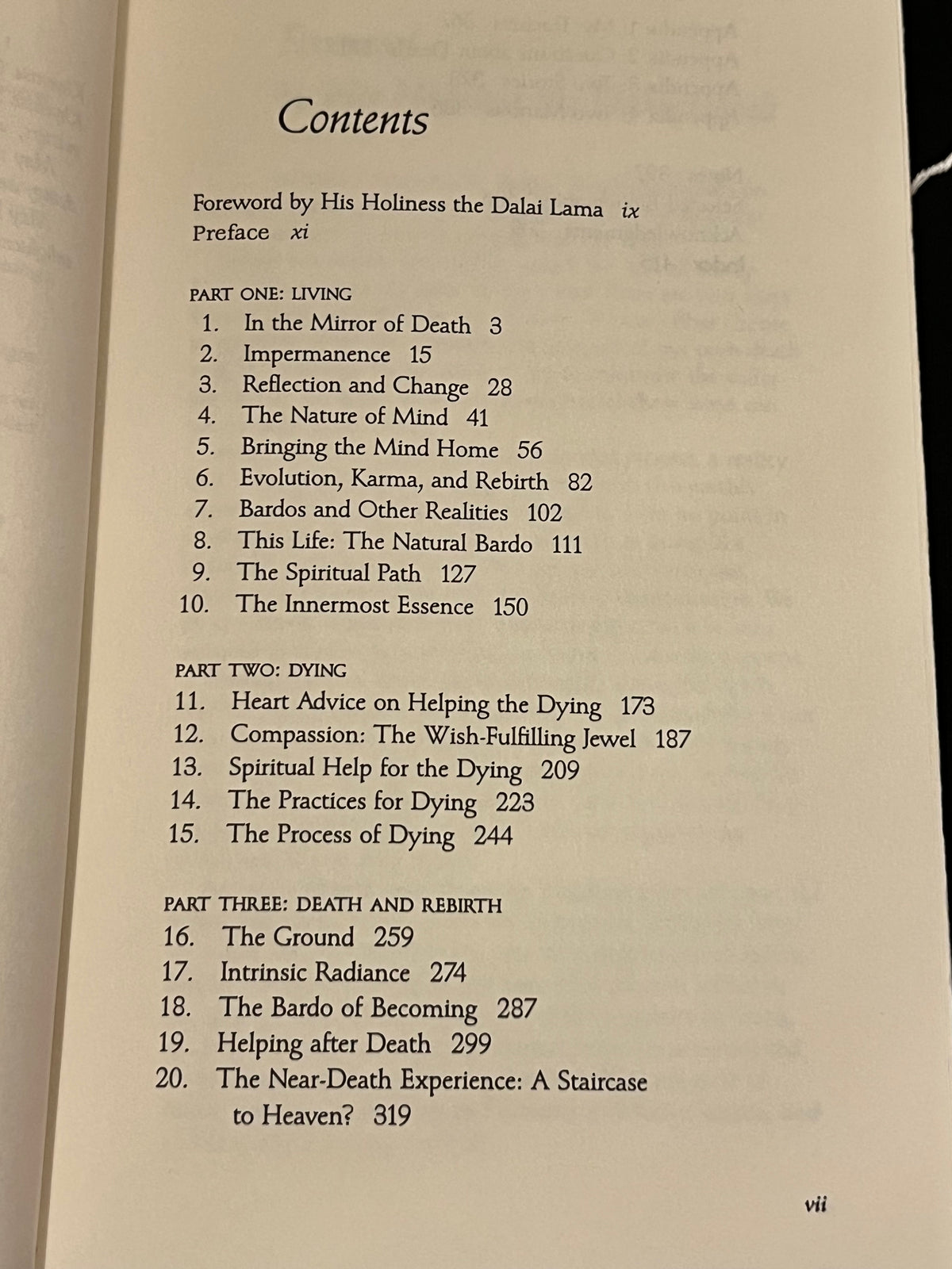 A printed book or booklet page showing the Contents section with a foreword, preface, and numbered chapter list in black text on an off-white page.