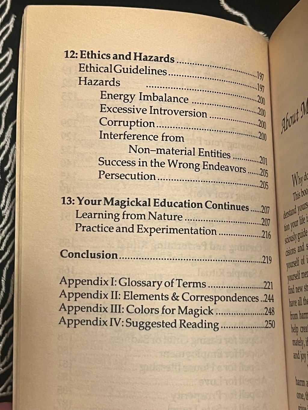 An open book showing the table of contents for a page titled 'Ethics and Hazards,' with aged cream paper and black text.
