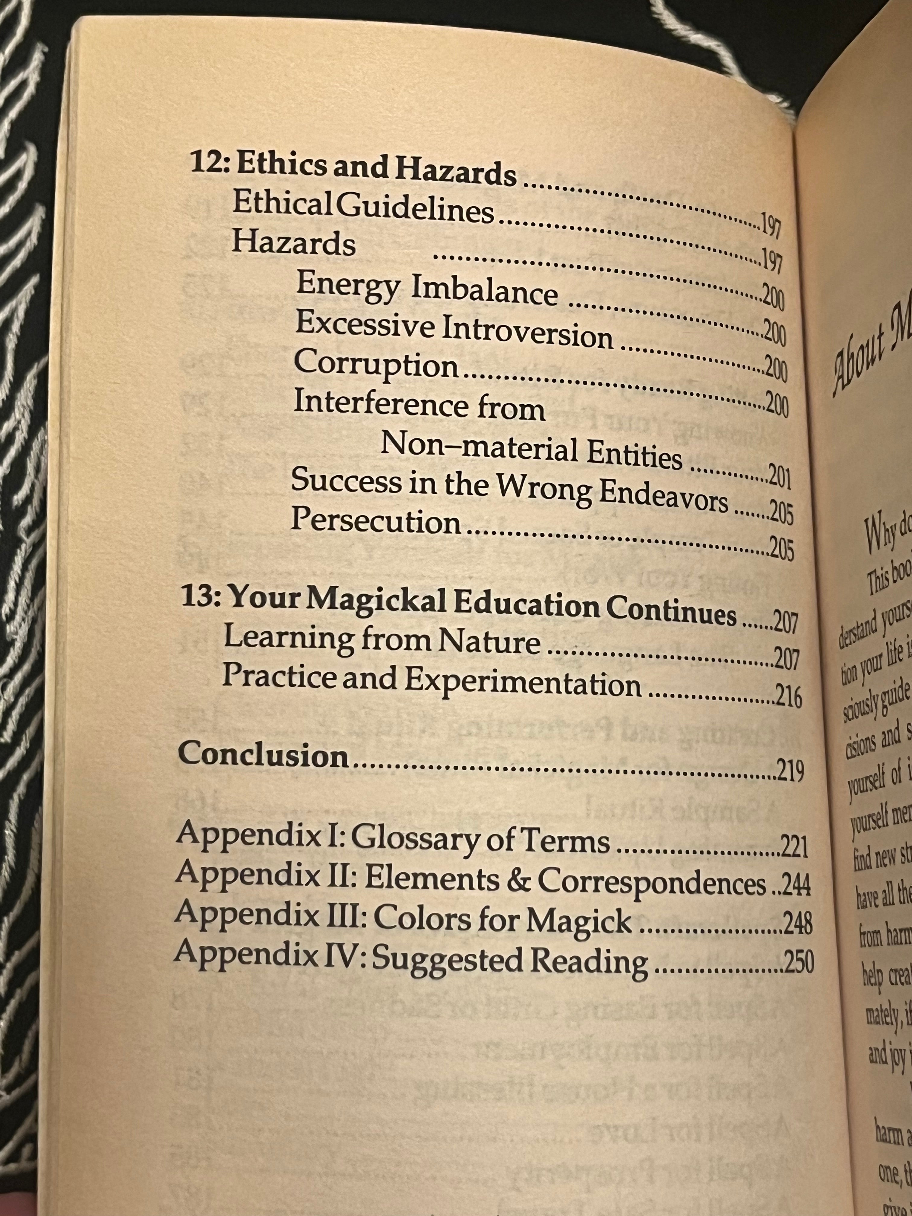 An open book showing the table of contents for a page titled 'Ethics and Hazards,' with aged cream paper and black text.